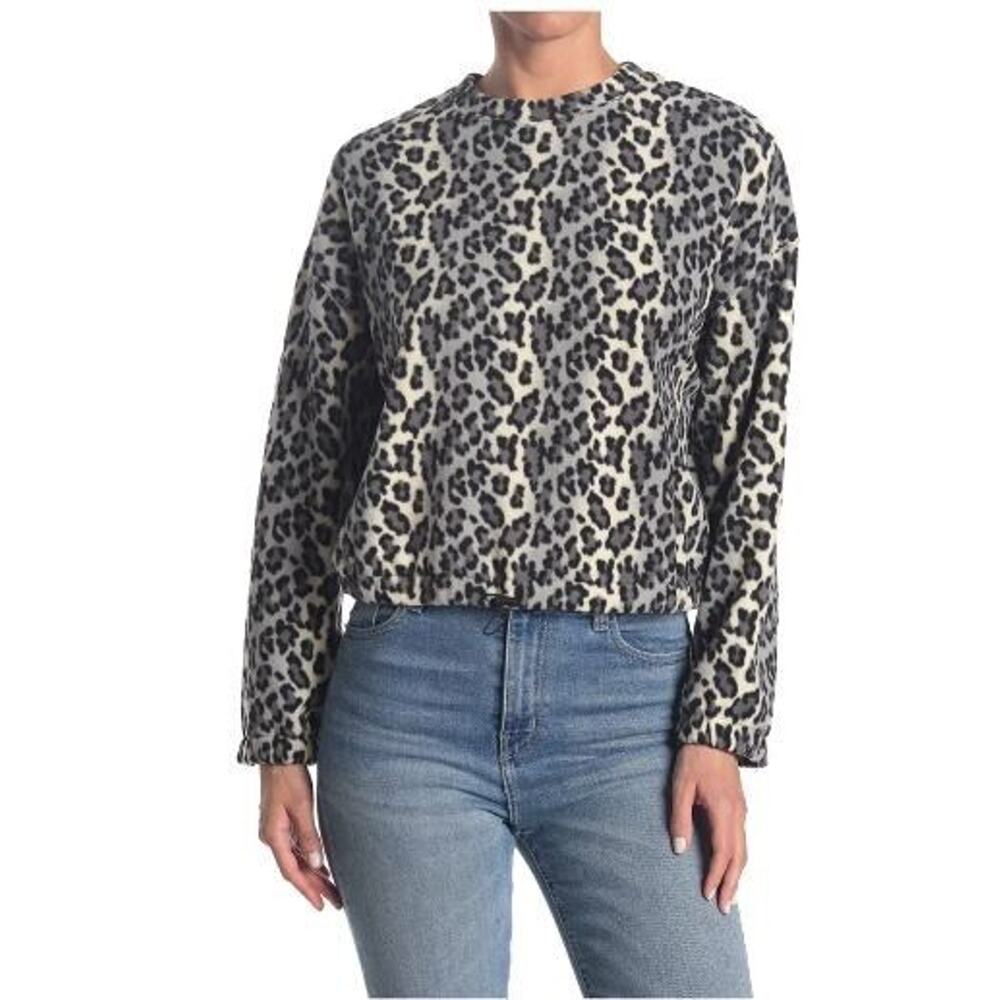Abound Womens Cozy Fleece Crew Neck Sweatshirt in Black Giada Leopard Medium $30